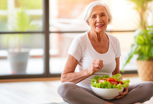 An elderly woman demonstrates a healthy lifestyle by enjoying a nutritious salad after a home workout. This image represents her dedication to weight loss through a balanced diet.