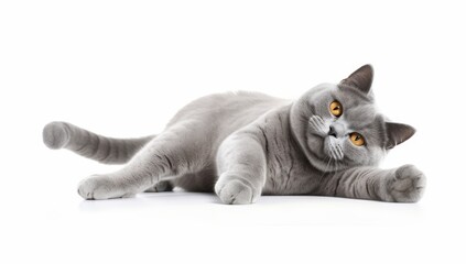 Satisfied British cat lies on a white background with a raised paw. A cat for advertising feed. Playful pet close up. - obrazy, fototapety, plakaty