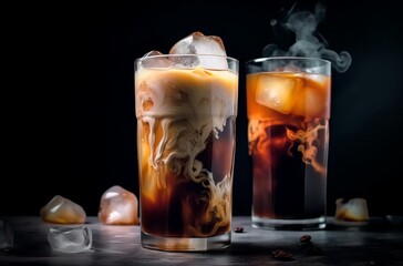 Iced coffee with cream in frozen glass on a black table.