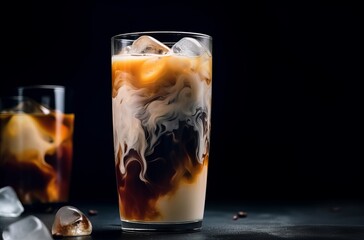 Iced coffee with cream in frozen glass on a black table. - obrazy, fototapety, plakaty