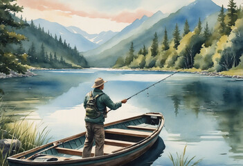Rustic Fishing Expedition in Watercolor - obrazy, fototapety, plakaty