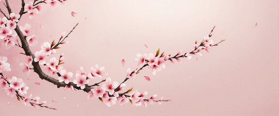 Fototapeta premium Stylish Pink Cherry Blossom Banner on Pale Pink Background for Calm and Peaceful Setting