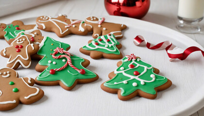 Festive Christmas sugar cookies in tree shape with white frosting on wooden tray