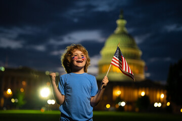 Election day for US Citizens. Kid with US flag near capitol building in Washington DC. Voting...