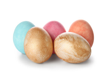 Five painted Easter eggs on white background