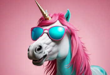 A laughing unicorn with pink mane wearing turquoise sunglasses, pink background