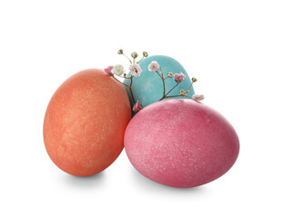 Easter eggs with gypsophila flowers on white background
