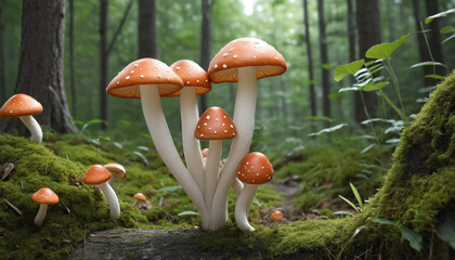 Whimsical mushrooms in the woods - obrazy, fototapety, plakaty