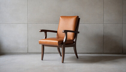 Rustic wooden armchair with stylish leather upholstery against concrete wall, modern vintage style