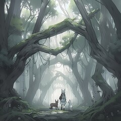 Enchanted Forest Scene with Mystical Characters in a Dreamy Woodland