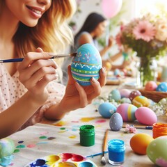 Close-up of a vibrant Easter egg painting party with friends and family gathered around a table Creative and festive Perfect for Easter crafting-themed designs 