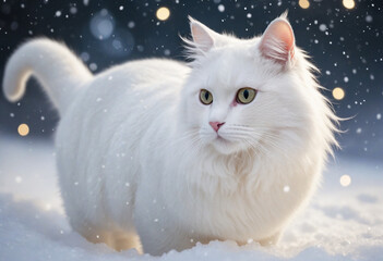 Elegant White Cat Strolling in Snowy Night, Bush Decorated with Glittering Lights