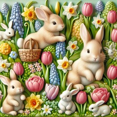 Close-up of a whimsical Easter bunny garden party with rabbits frolicking amidst blooming tulips, daffodils, and hyacinths Playful and charming Perfect for Easter party invitations 