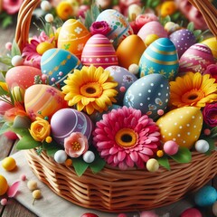 Close-up of a vibrant Easter basket filled with colorful eggs and spring flowers Joyful and festive Perfect for Easter-themed designs 