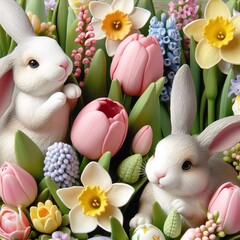 Close-up of a whimsical Easter bunny garden party with rabbits frolicking amidst blooming tulips, daffodils, and hyacinths Playful and charming Perfect for Easter party invitations 