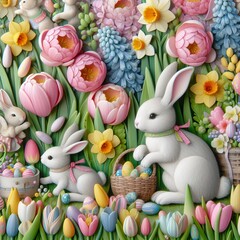 Close-up of a whimsical Easter bunny garden party with rabbits frolicking amidst blooming tulips, daffodils, and hyacinths Playful and charming Perfect for Easter party invitations 