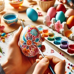 Close-up of a vibrant Easter egg painting party with friends and family gathered around a table Creative and festive Perfect for Easter crafting-themed designs 