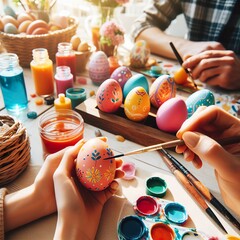 Close-up of a vibrant Easter egg painting party with friends and family gathered around a table Creative and festive Perfect for Easter crafting-themed designs 