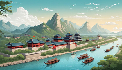 Drawing of China with landmark and popular for tourist attractions