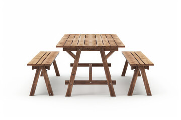 A full body shot of a wooden dining table set for garden furniture, isolated on a white background.