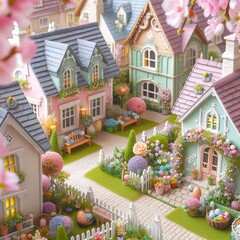 Close-up of a quaint Easter village scene with pastel-colored cottages and blooming gardens Charming and nostalgic Perfect for creating a whimsical Easter atmosphere 