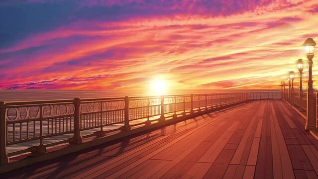 Animated illustration of sunset on the beach pier in the afternoon. Cartoon or digital painting style illustration. 4k loop animation background.