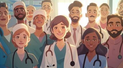 a group of smiling doctors and nurses of various cultures - illustration - obrazy, fototapety, plakaty