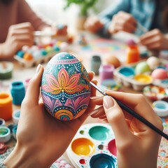Close-up of a vibrant Easter egg painting party with friends and family gathered around a table Creative and festive Perfect for Easter crafting-themed designs 