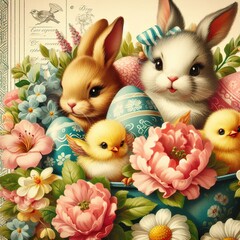 Close-up of a vintage-inspired Easter greeting card featuring bunnies, chicks, and springtime florals Nostalgic and whimsical Adds a touch of retro charm to Easter designs 