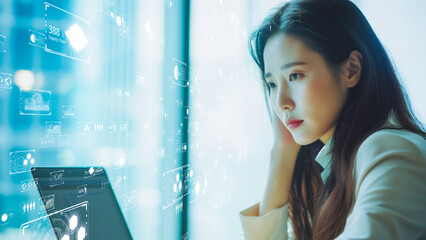 Futuristic businesswoman analyzing data holograms. I-powered corporate strategist amidst digital networks.