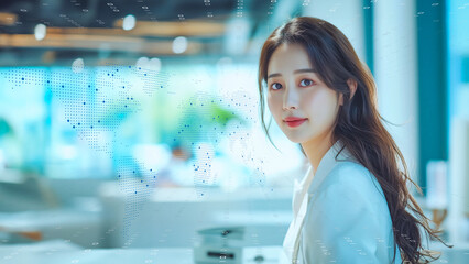 Futuristic businesswoman analyzing data holograms. I-powered corporate strategist amidst digital networks.