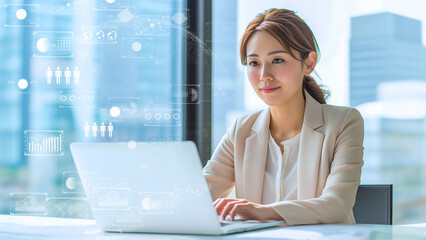 Futuristic businesswoman analyzing data holograms. I-powered corporate strategist amidst digital networks.