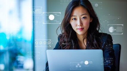 Futuristic businesswoman analyzing data holograms. I-powered corporate strategist amidst digital networks.