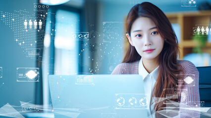 Futuristic businesswoman analyzing data holograms. I-powered corporate strategist amidst digital networks.