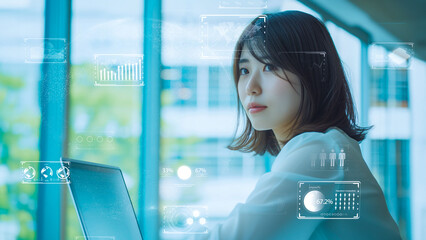 Futuristic businesswoman analyzing data holograms. I-powered corporate strategist amidst digital networks.