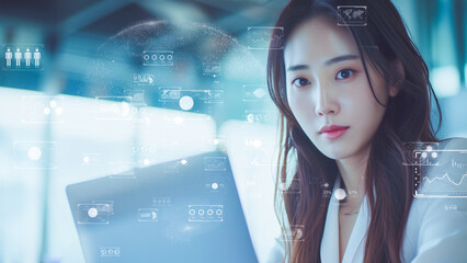 Futuristic businesswoman analyzing data holograms. I-powered corporate strategist amidst digital networks.