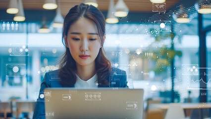 Futuristic businesswoman analyzing data holograms. I-powered corporate strategist amidst digital networks.