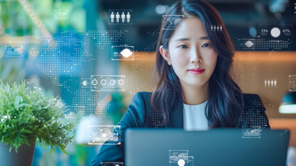 Futuristic businesswoman analyzing data holograms. I-powered corporate strategist amidst digital networks.