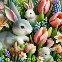 Close-up of a whimsical Easter bunny garden party with rabbits frolicking amidst blooming tulips, daffodils, and hyacinths Playful and charming Perfect for Easter party invitations 