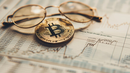 Bitcoin on Top of Newspaper With Glasses