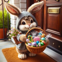 Close-up of a whimsical Easter bunny delivering baskets filled with candy and treats to children's doorsteps Magical and heartwarming Adds a touch of fantasy to Easter designs 