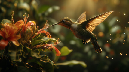 Fototapeta premium Hummingbird Hovering Over Flower in Mid-Flight