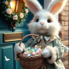 Close-up of a whimsical Easter bunny delivering baskets filled with candy and treats to children's doorsteps Magical and heartwarming Adds a touch of fantasy to Easter designs 
