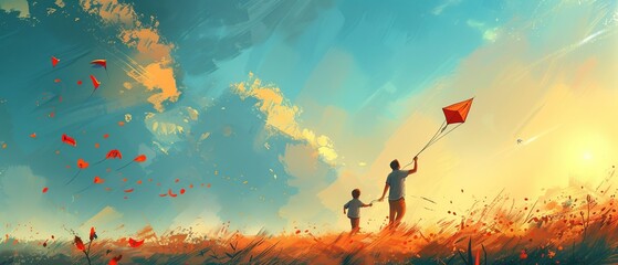 Obraz na płótnie Canvas Family Fun: Kite Flying on a Meadow