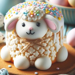 Close-up of a traditional Easter lamb cake decorated with icing and pastel-colored sprinkles Sweet and delightful Perfect for Easter dessert-themed designs 