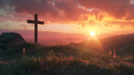 Rustic Wooden Cross on Hilltop at Sunset