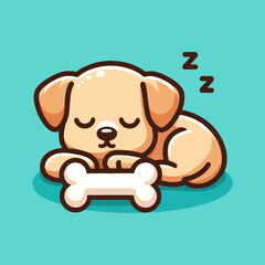 Flat logo of cute dog sleeping with bone, cartoon vector icon illustration, animal nature icon concept isolated premium vector.