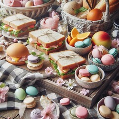 Close-up of a rustic Easter picnic spread on a checkered blanket, featuring homemade sandwiches, fresh fruits, and pastel-colored macarons Cozy and inviting Perfect for Easter picnic-themed designs 