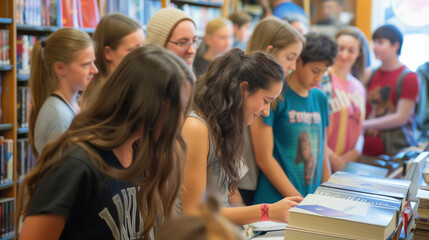Young People Attending Author Signing Event in Library