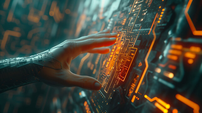 Microchipped Human Hand Touching Futuristic Computer Screen